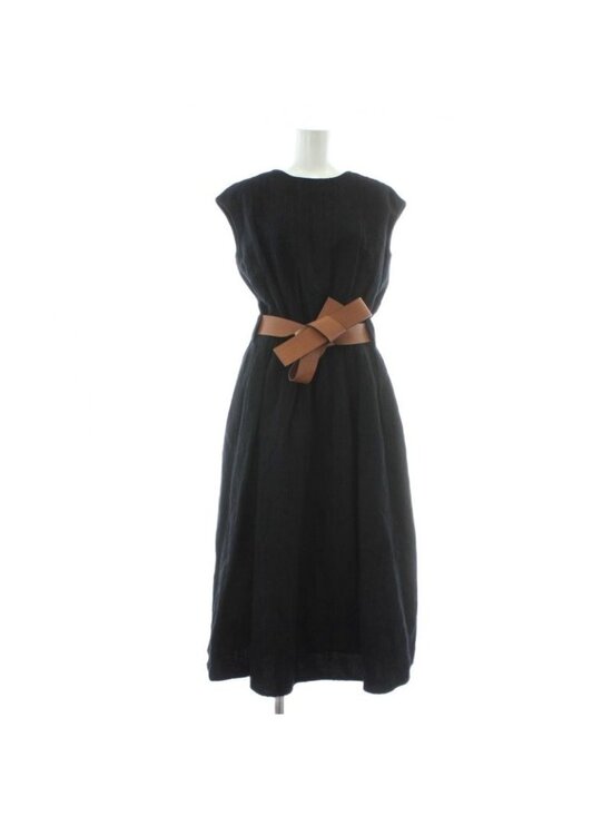 Loewe 21 SS Dress Wool Sleeveless Long Striped Leather With Belt 32 XS Navy Blue
